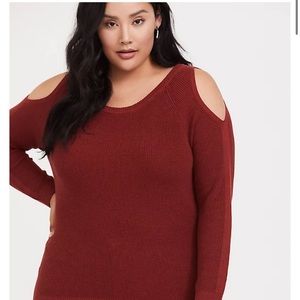 Torrid Women’s Brick Color Pullover Cold Shoulder Open Back Sweater, Size 1x